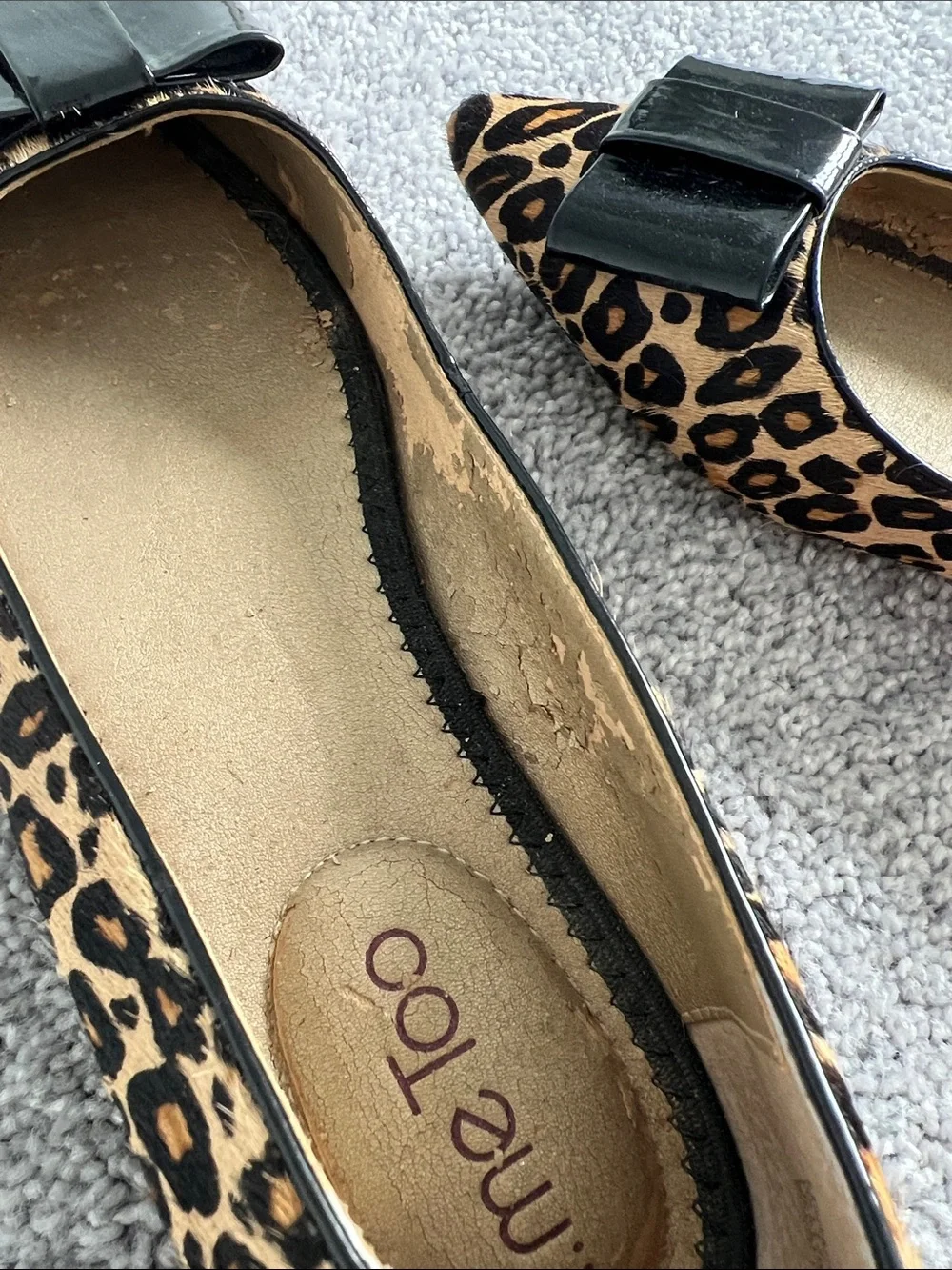 me too Leopard-Print Pointed Flats with Black Patent Bow